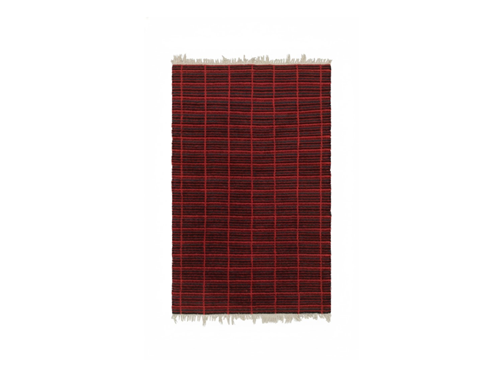 Rug & Kilim: Vintage Swedish Rya Rug, Scandinavian Stripes in Red and Black