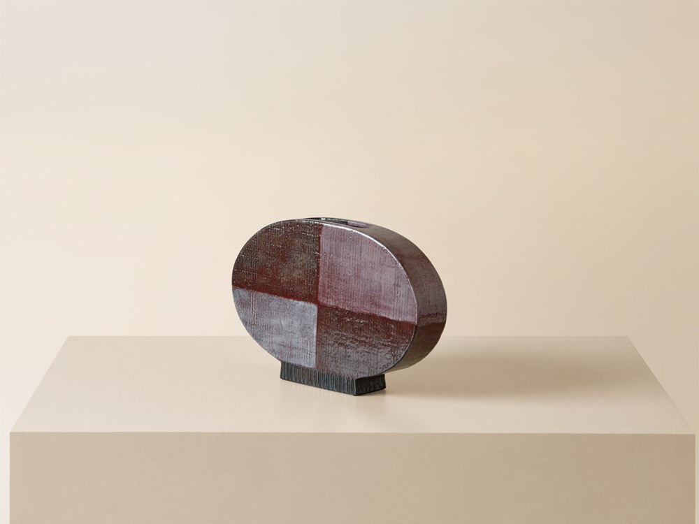 Large Horizontal Oval Checker Vase - Plum / Oxblood Texture