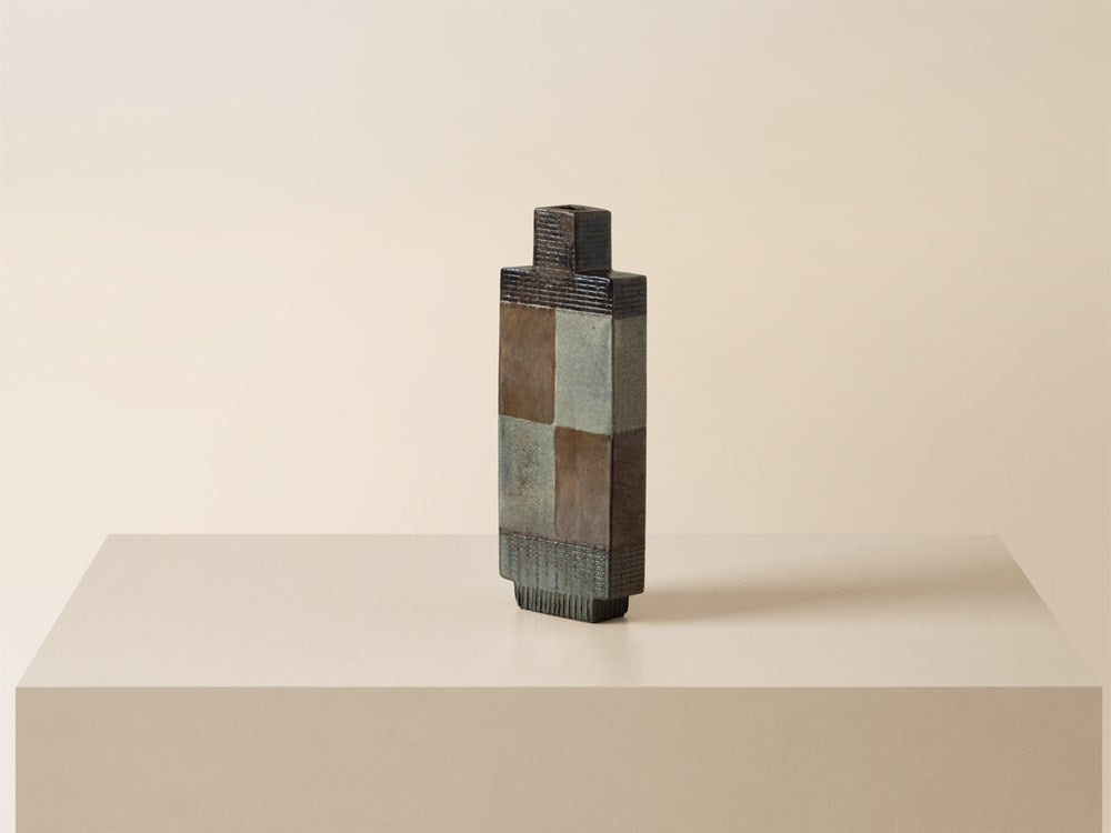 Tall Narrow Rectangular Checker Vase - Sepia / Grey Static / Black Texture