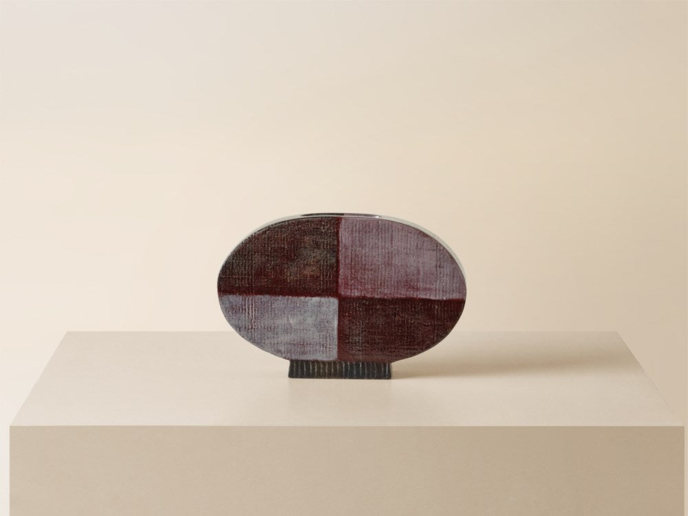 Large Horizontal Oval Checker Vase - Plum / Oxblood Texture