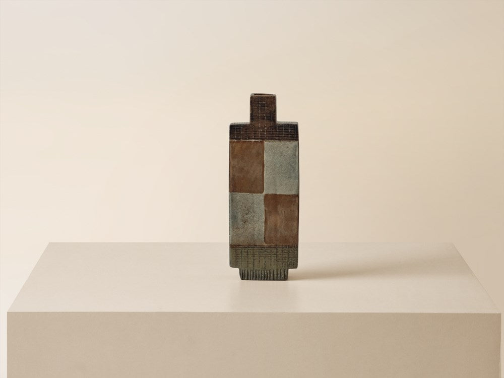Tall Narrow Rectangular Checker Vase - Sepia / Grey Static / Black Texture