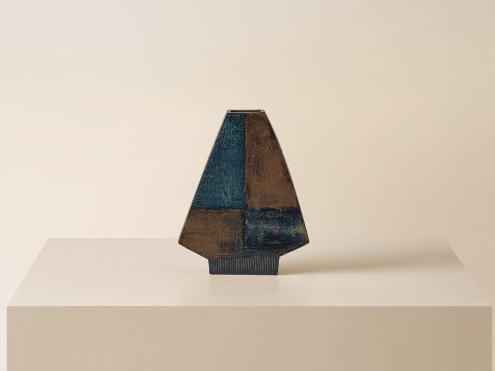 Tall Arrow Checker Vase - Sepia / Blue Tones