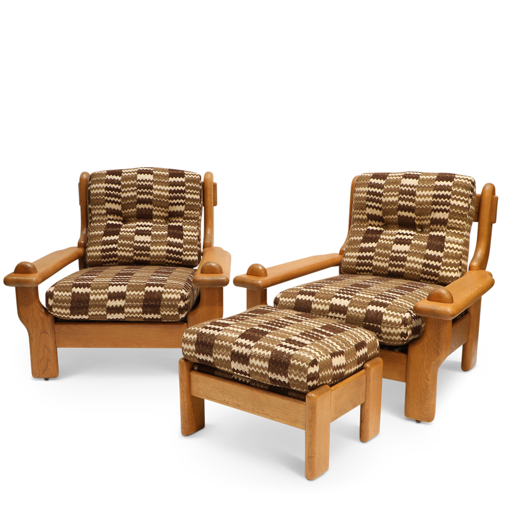 French Oak Lounge Chairs & Ottoman