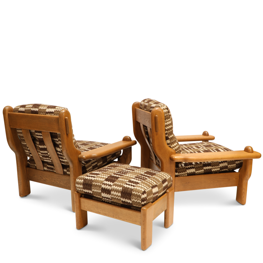 French Oak Lounge Chairs & Ottoman