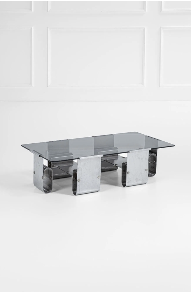 François Monnet Steel and Glass Coffee Table, France, c1970s